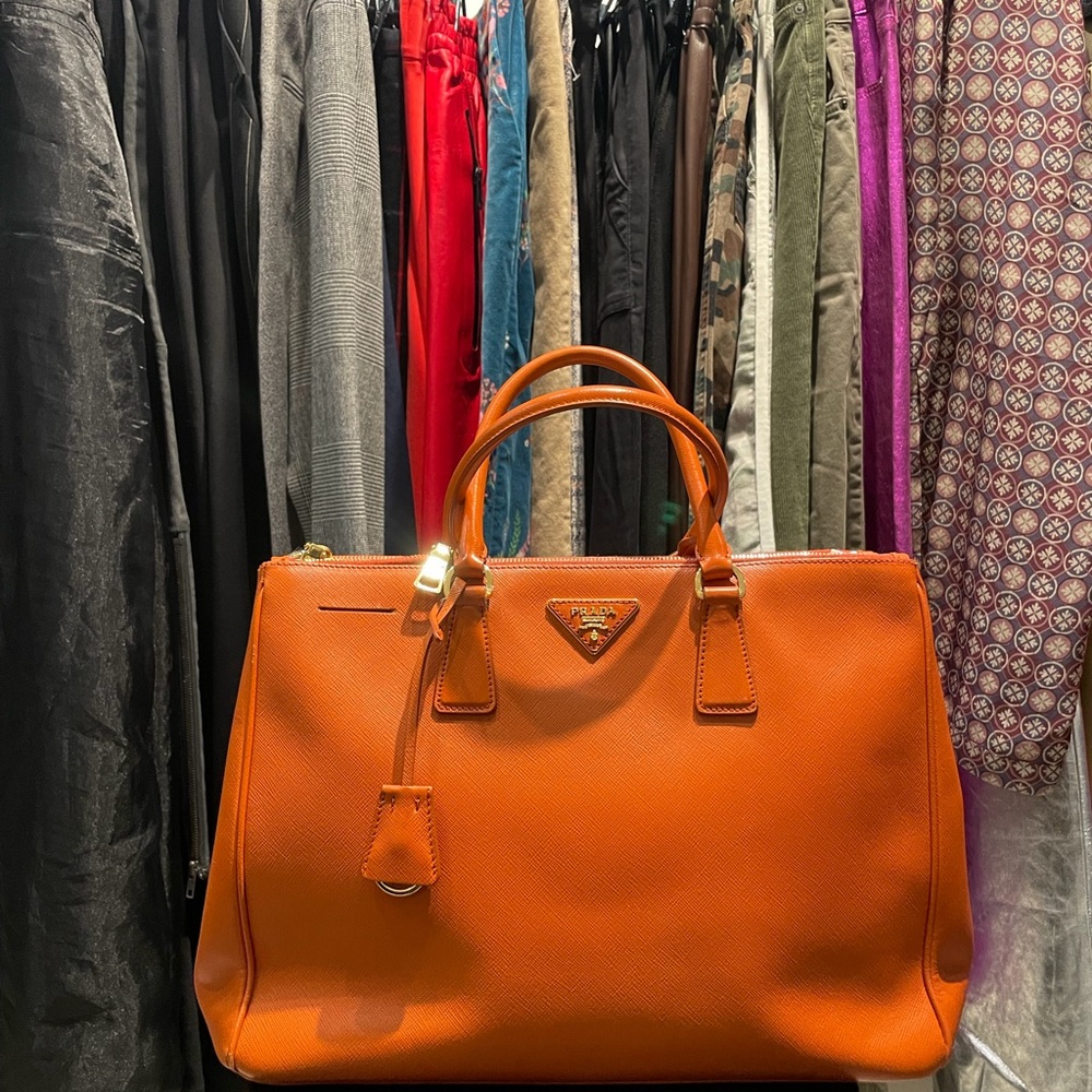PRADA Saffiano Cuir Leather Double Bag Orange Papaya Gold HW